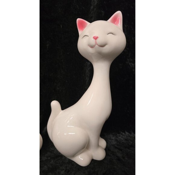2 Ceramic LED Light-Up Cat 10" & 7" Figurines White Pink Details - Picture 3 of 7